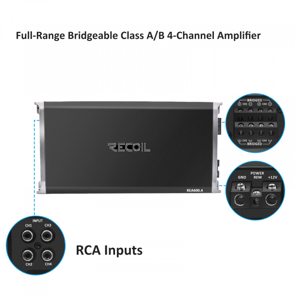 REA600.4 Recoil 1040W Max Full-Range Class A/B 4-Channel Car Audio Amplifier