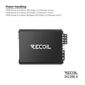 DI1200.4 Full-Range Class-D 4-Channel Car Audio Amplifier, 2,400 Watts, 2-4 Ohm Stable, MOSFET Power Supply, Bridgeable