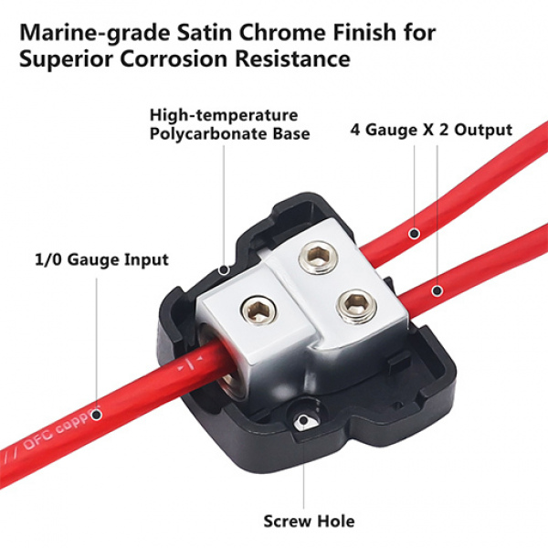 2-Way Power Distribution Block, 1 X 0/2/4 Gauge In / 2 X 4/8 Gauge Out Power Distribution Block