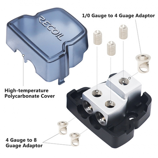 2-Way Power Distribution Block, 1 X 0/2/4 Gauge In / 2 X 4/8 Gauge Out Power Distribution Block
