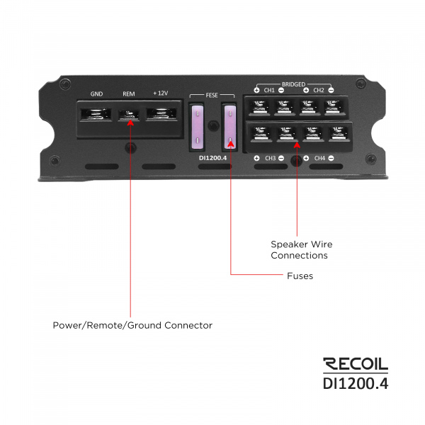 DI1200.4 Full-Range Class-D 4-Channel Car Audio Amplifier, 2,400 Watts, 2-4 Ohm Stable, MOSFET Power Supply, Bridgeable